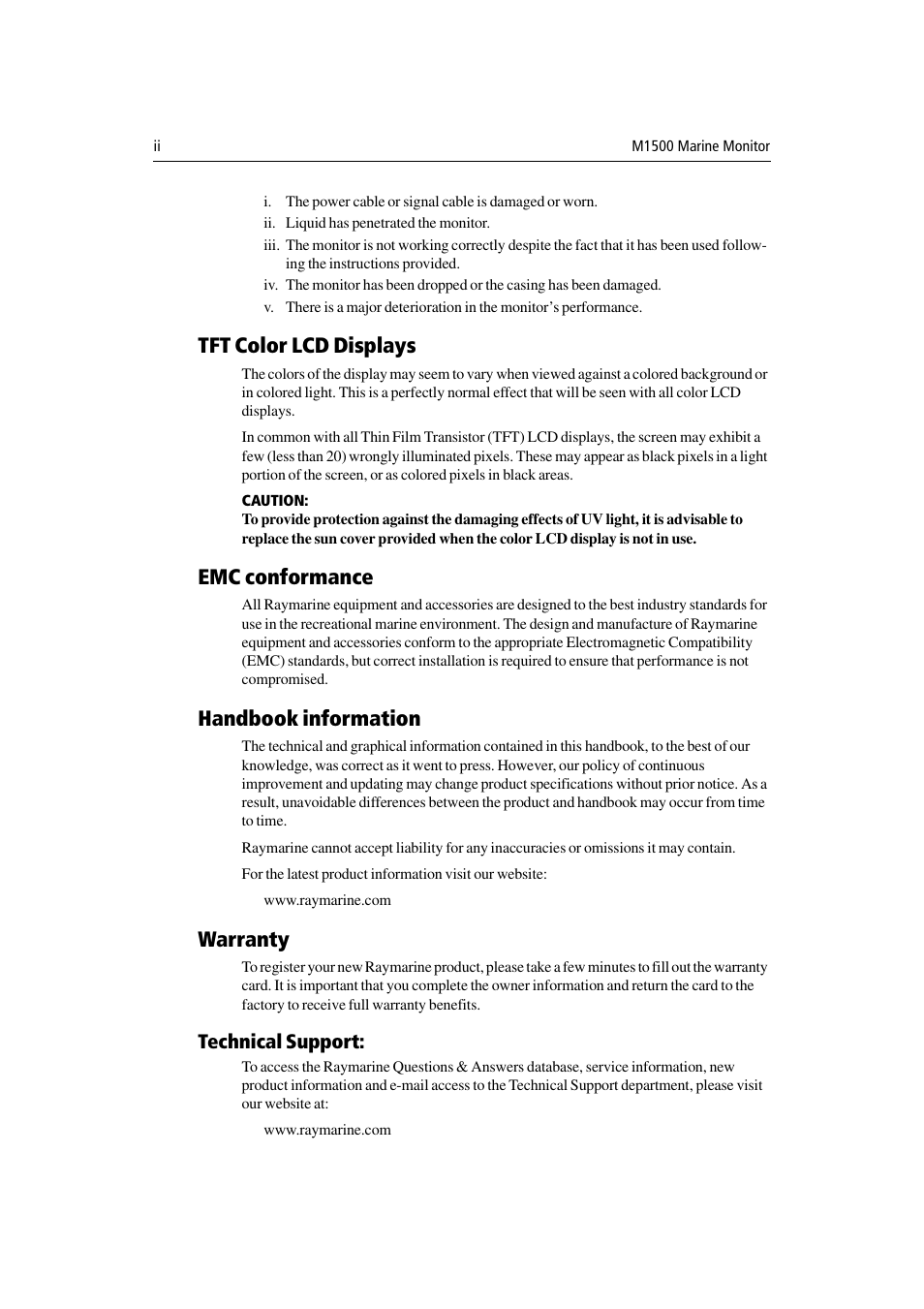 Tft color lcd displays, Emc conformance, Handbook information | Warranty, Technical support | Raymarine M1500 User Manual | Page 4 / 30