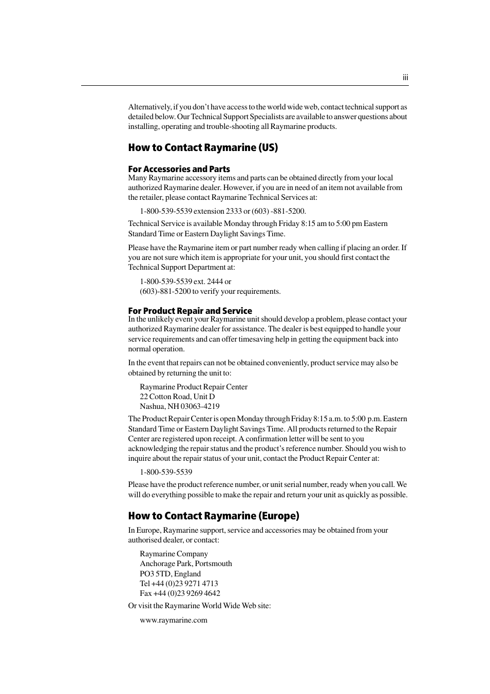 How to contact raymarine (us), How to contact raymarine (europe) | Raymarine M1500 User Manual | Page 5 / 30