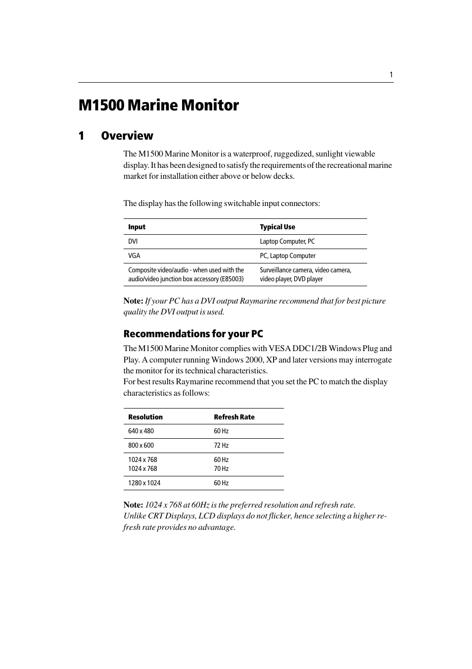 M1500 marine monitor, 1 overview, Recommendations for your pc | Overview, 1overview | Raymarine M1500 User Manual | Page 9 / 30