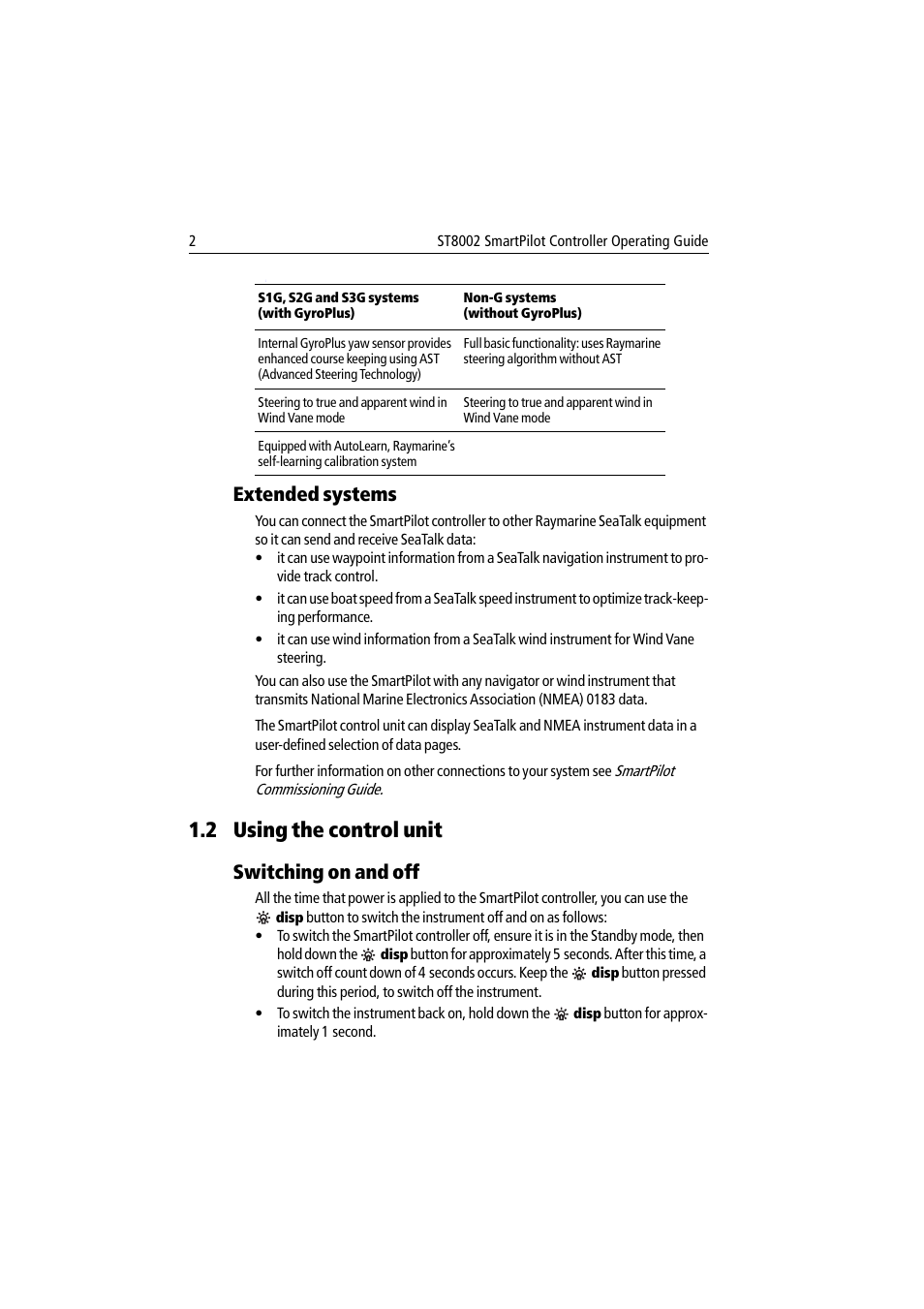 Extended systems, 2 using the control unit, Switching on and off | Raymarine ST8002 User Manual | Page 12 / 48