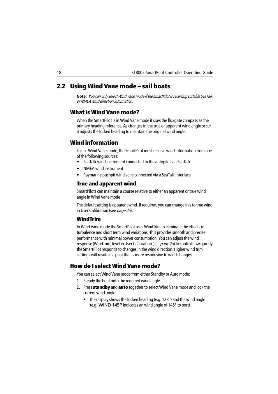 2 using wind vane mode - sail boats, What is wind vane mode, Wind information | True and apparent wind, Windtrim, How do i select wind vane mode, 2 using wind vane mode – sail boats, What is wind vane mode? wind information, True and apparent wind windtrim | Raymarine ST8002 User Manual | Page 28 / 48