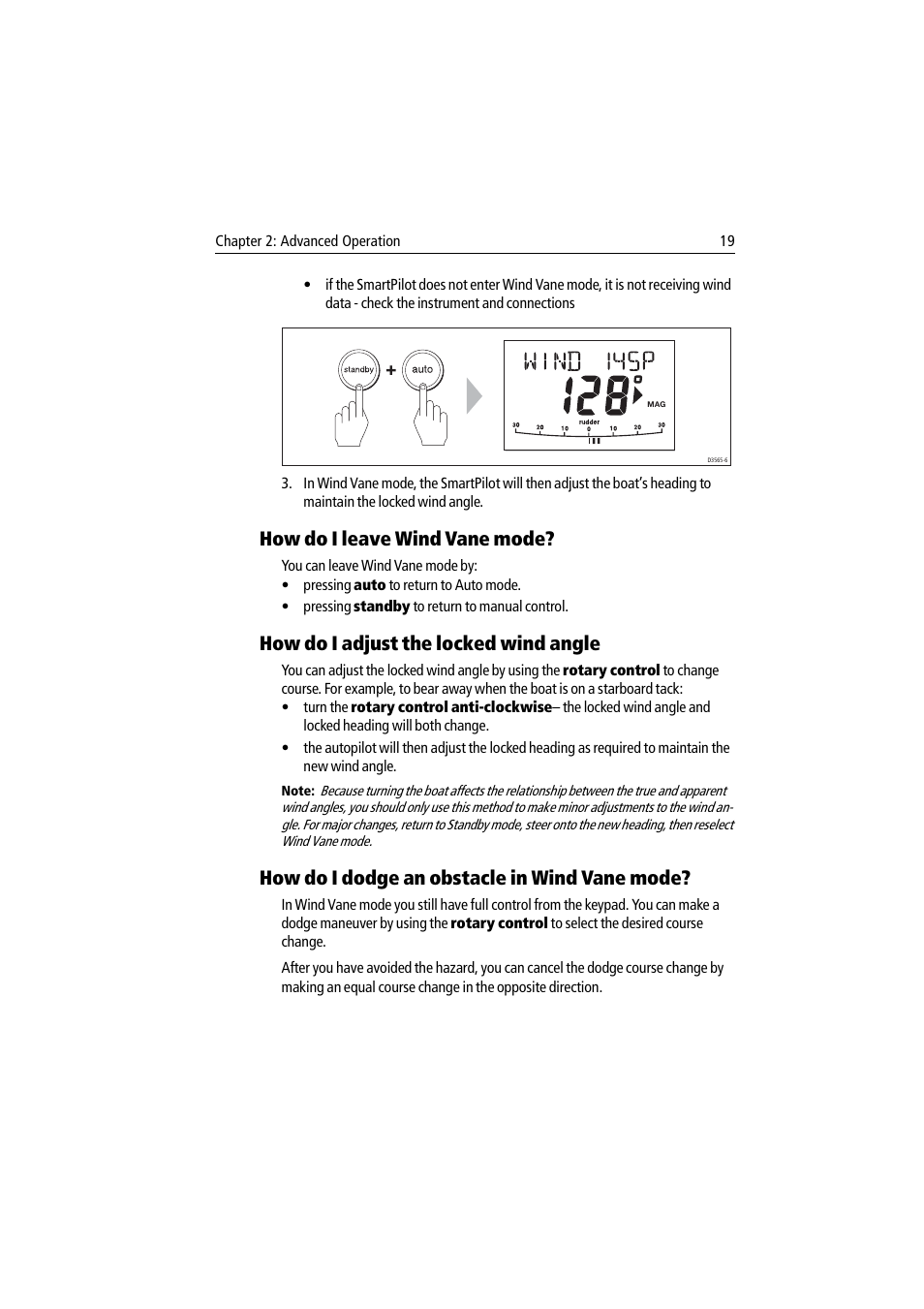 How do i leave wind vane mode, How do i dodge an obstacle in wind vane mode, How do i adjust the locked wind angle | Raymarine ST8002 User Manual | Page 29 / 48