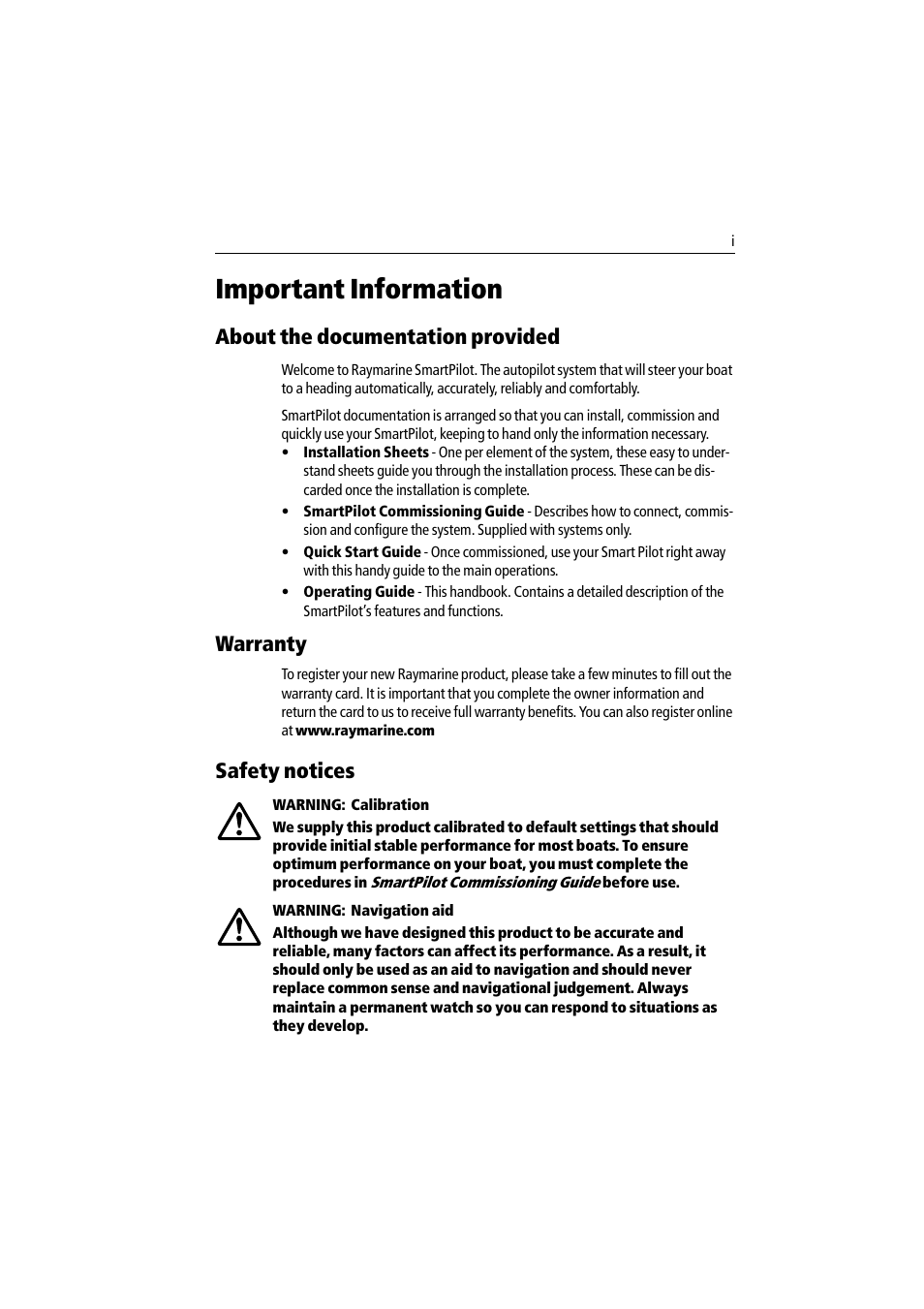 Important information, About the documentation provided, Warranty | Safety notices | Raymarine ST8002 User Manual | Page 3 / 48