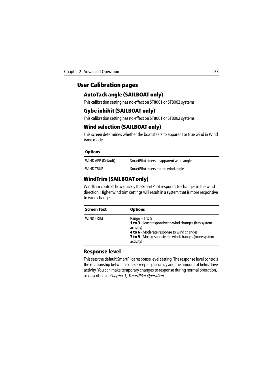 Autotack angle (sailboat only), Gybe inhibit (sailboat only), Wind selection (sailboat only) | Windtrim (sailboat only), Response level, User calibration pages | Raymarine ST8002 User Manual | Page 33 / 48