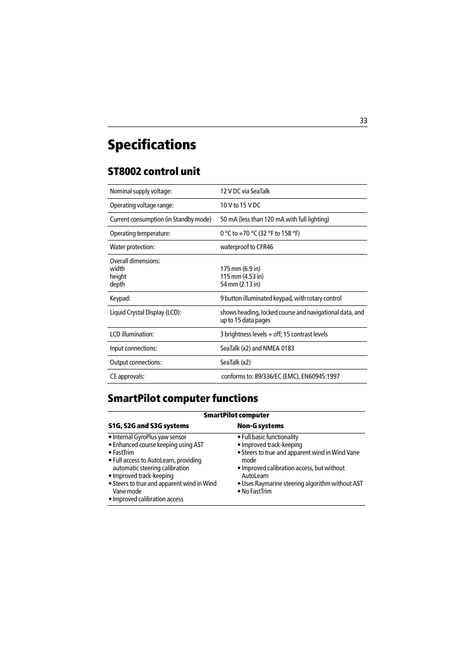Specifications, St8002 control unit, Smartpilot computer functions | St8002 control unit smartpilot computer functions | Raymarine ST8002 User Manual | Page 43 / 48