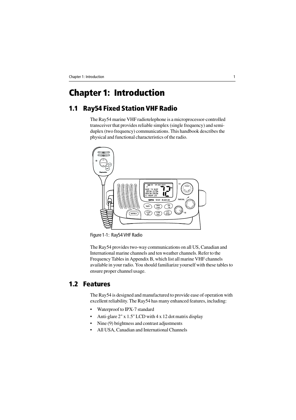 Chapter 1: introduction, 1 ray54 fixed station vhf radio, Figure 1-1: ray54 vhf radio | 2 features | Raymarine Ray54 User Manual | Page 11 / 112