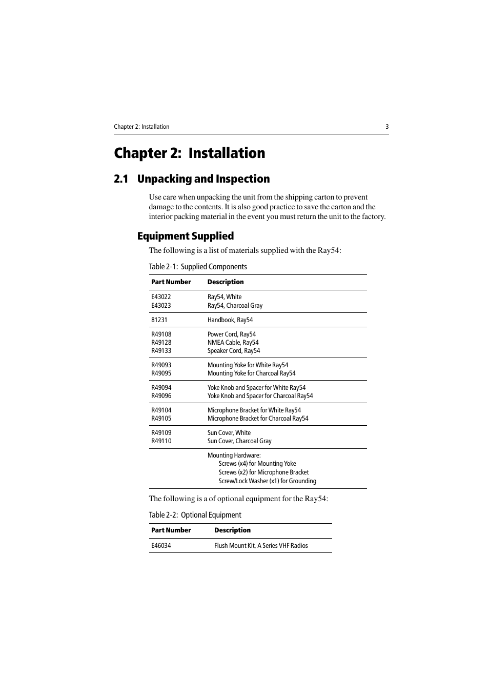 Chapter 2: installation, 1 unpacking and inspection, Equipment supplied | Raymarine Ray54 User Manual | Page 13 / 112