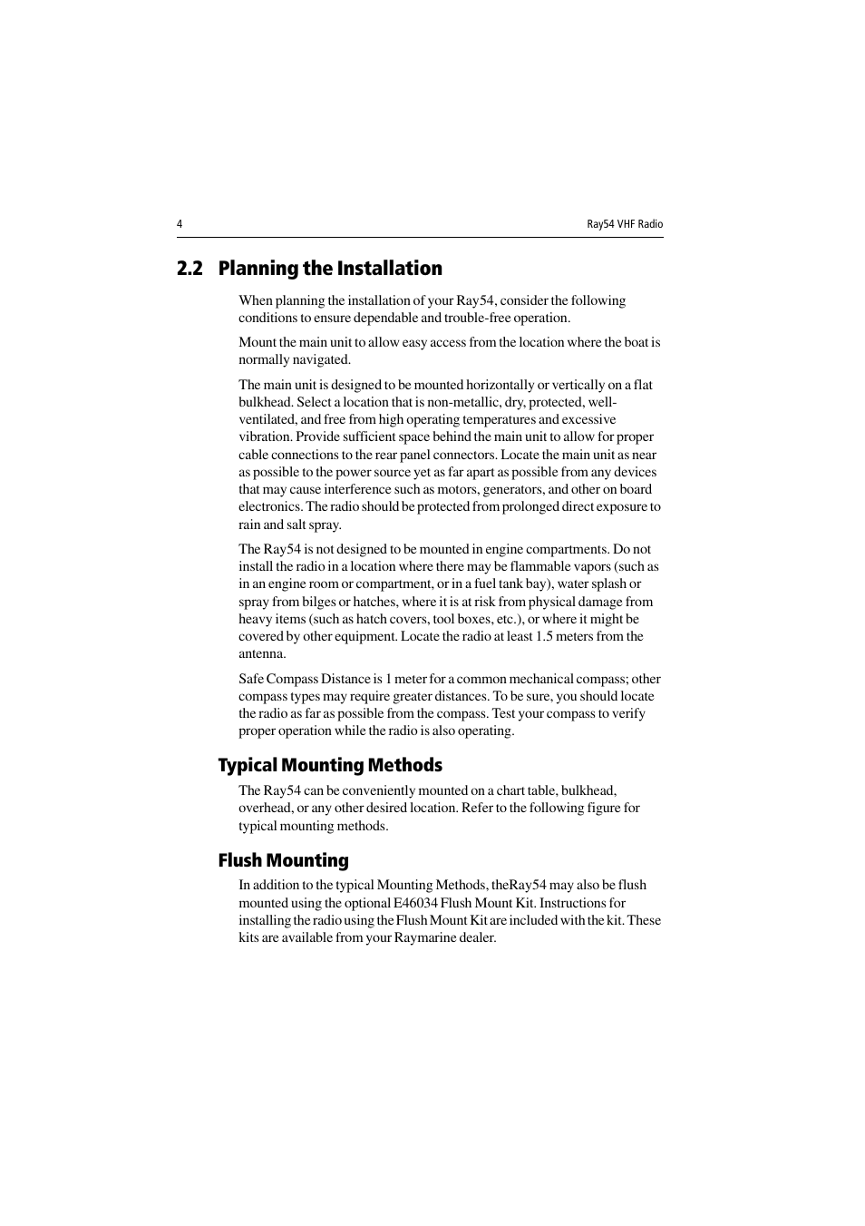 2 planning the installation, Typical mounting methods, Flush mounting | Raymarine Ray54 User Manual | Page 14 / 112