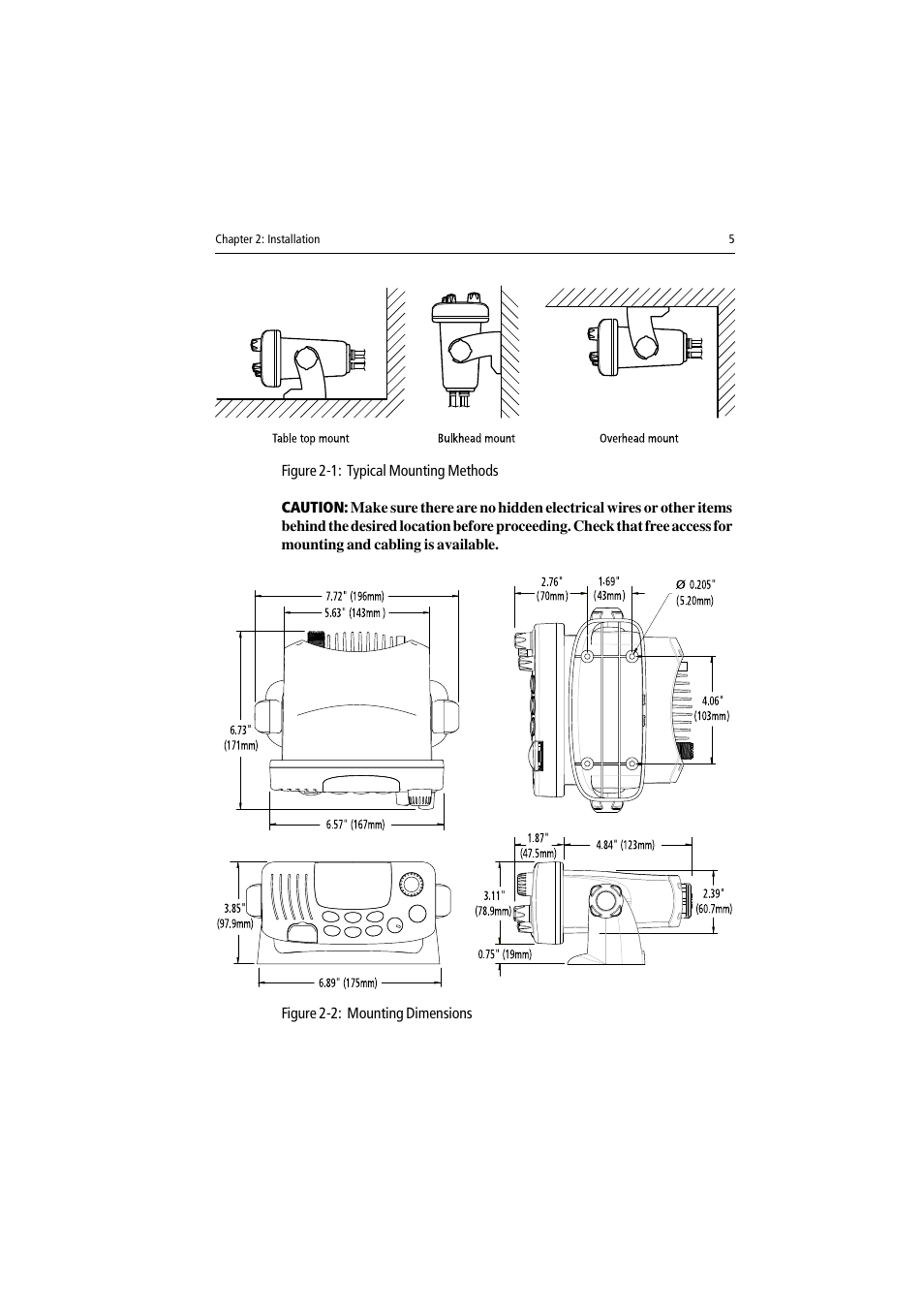 Figure 2-1: typical mounting methods, Figure 2-2: mounting dimensions | Raymarine Ray54 User Manual | Page 15 / 112