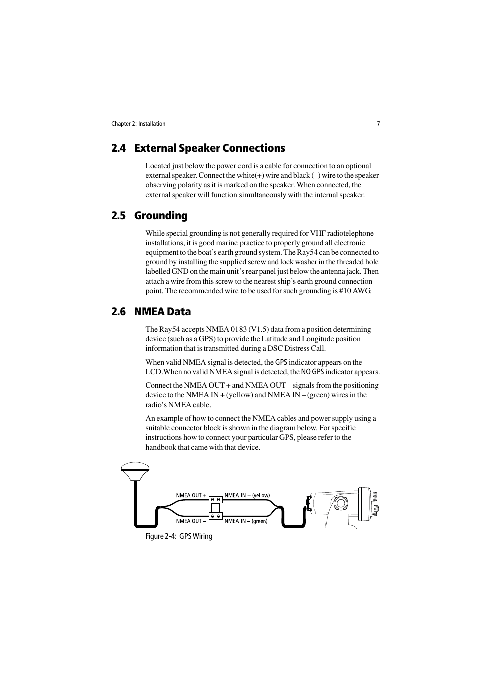 4 external speaker connections, 5 grounding, 6 nmea data | Figure 2-4: gps wiring | Raymarine Ray54 User Manual | Page 17 / 112