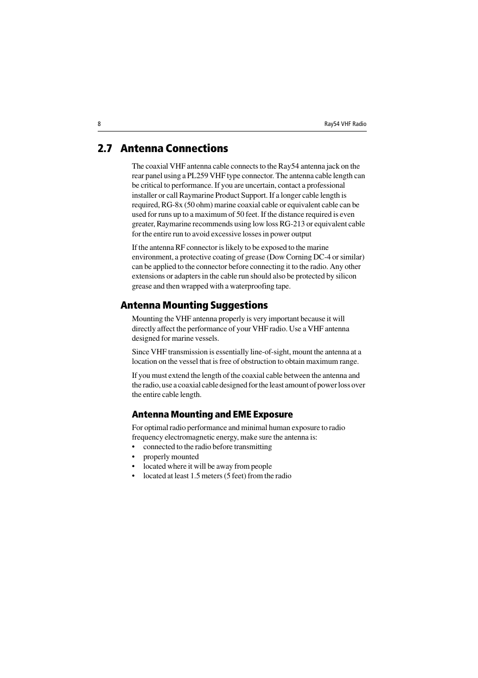 7 antenna connections, Antenna mounting suggestions, Antenna mounting and eme exposure | Raymarine Ray54 User Manual | Page 18 / 112