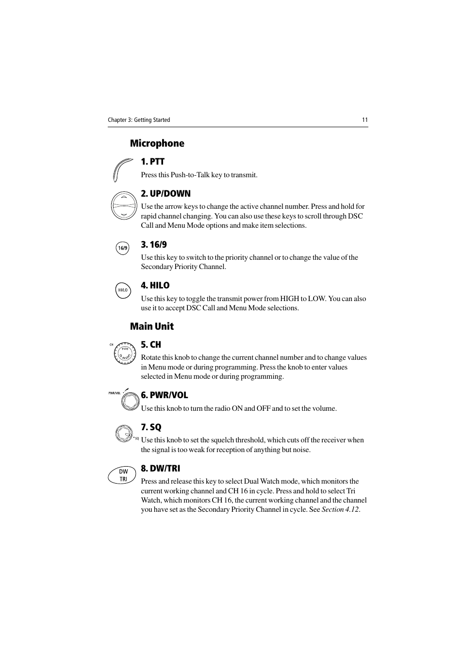 Microphone, Up/down, Hilo | Main unit, Pwr/vol, Dw/tri | Raymarine Ray54 User Manual | Page 21 / 112