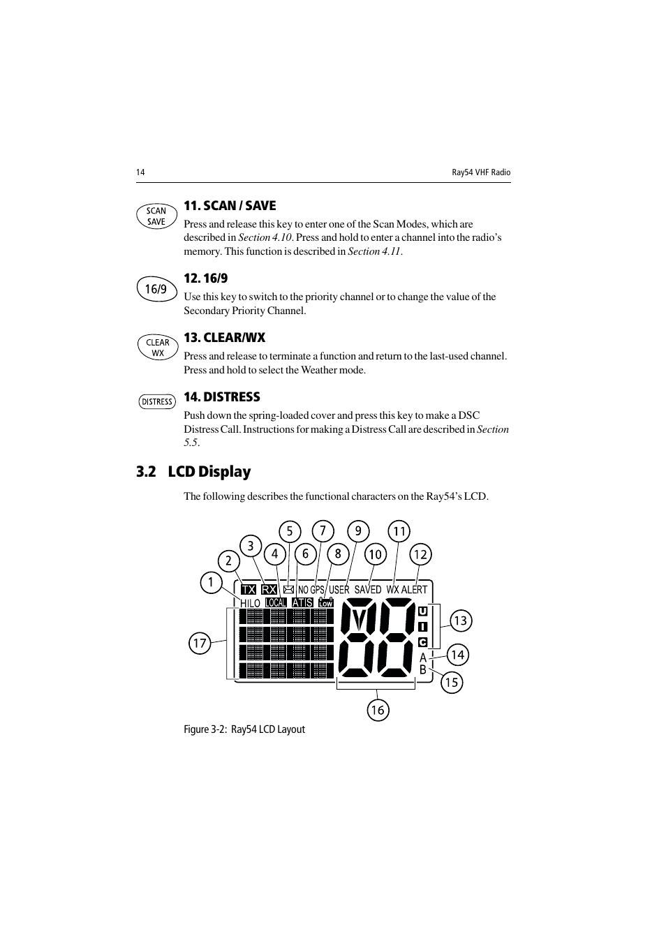 Scan / save, Clear/wx, Distress | 2 lcd display, Figure 3-2: ray54 lcd layout | Raymarine Ray54 User Manual | Page 24 / 112