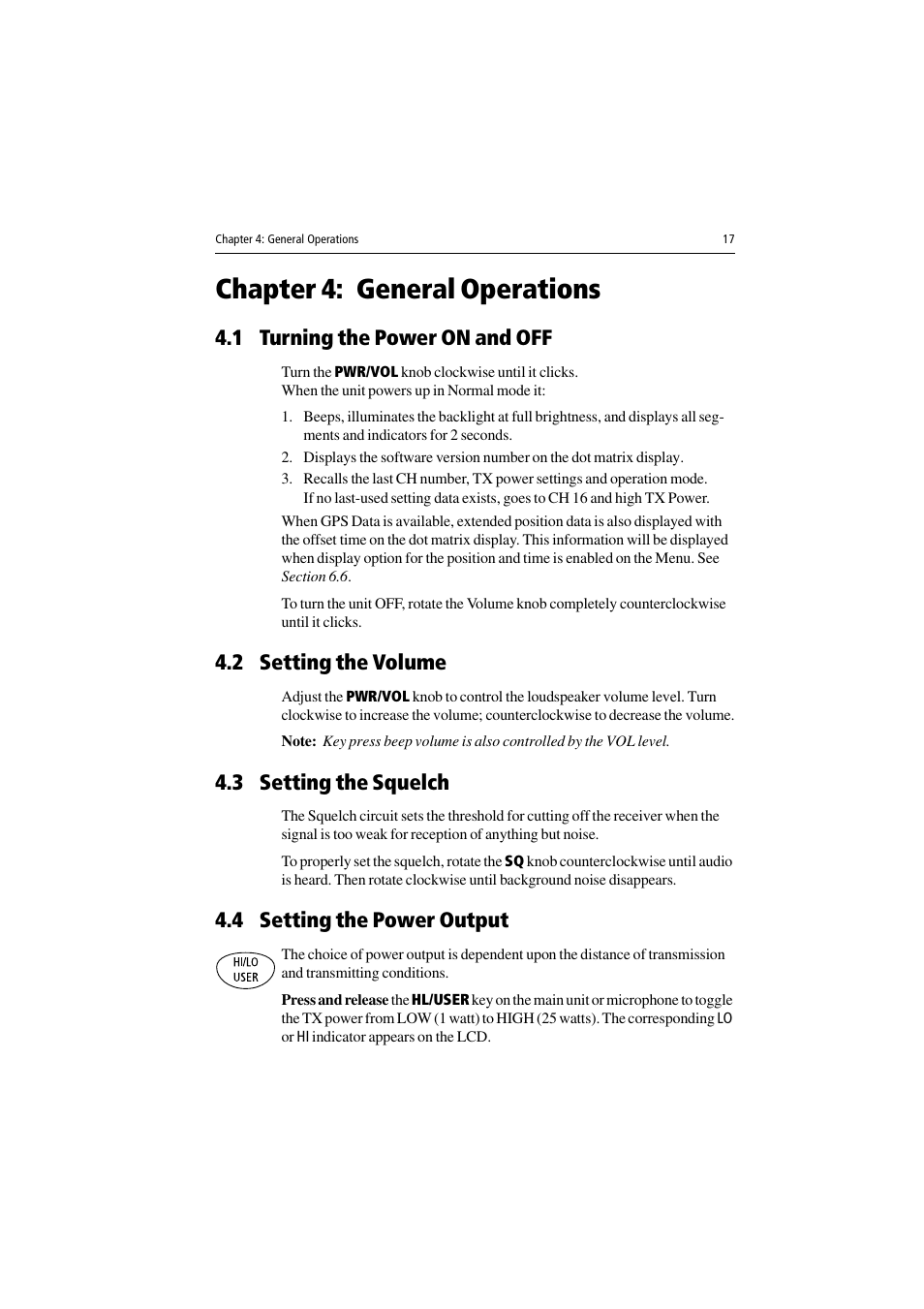 Chapter 4: general operations, 1 turning the power on and off, 2 setting the volume | 3 setting the squelch, 4 setting the power output | Raymarine Ray54 User Manual | Page 27 / 112