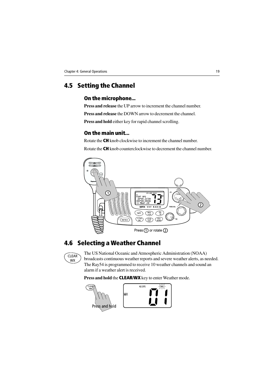 5 setting the channel, On the microphone, On the main unit | 6 selecting a weather channel | Raymarine Ray54 User Manual | Page 29 / 112