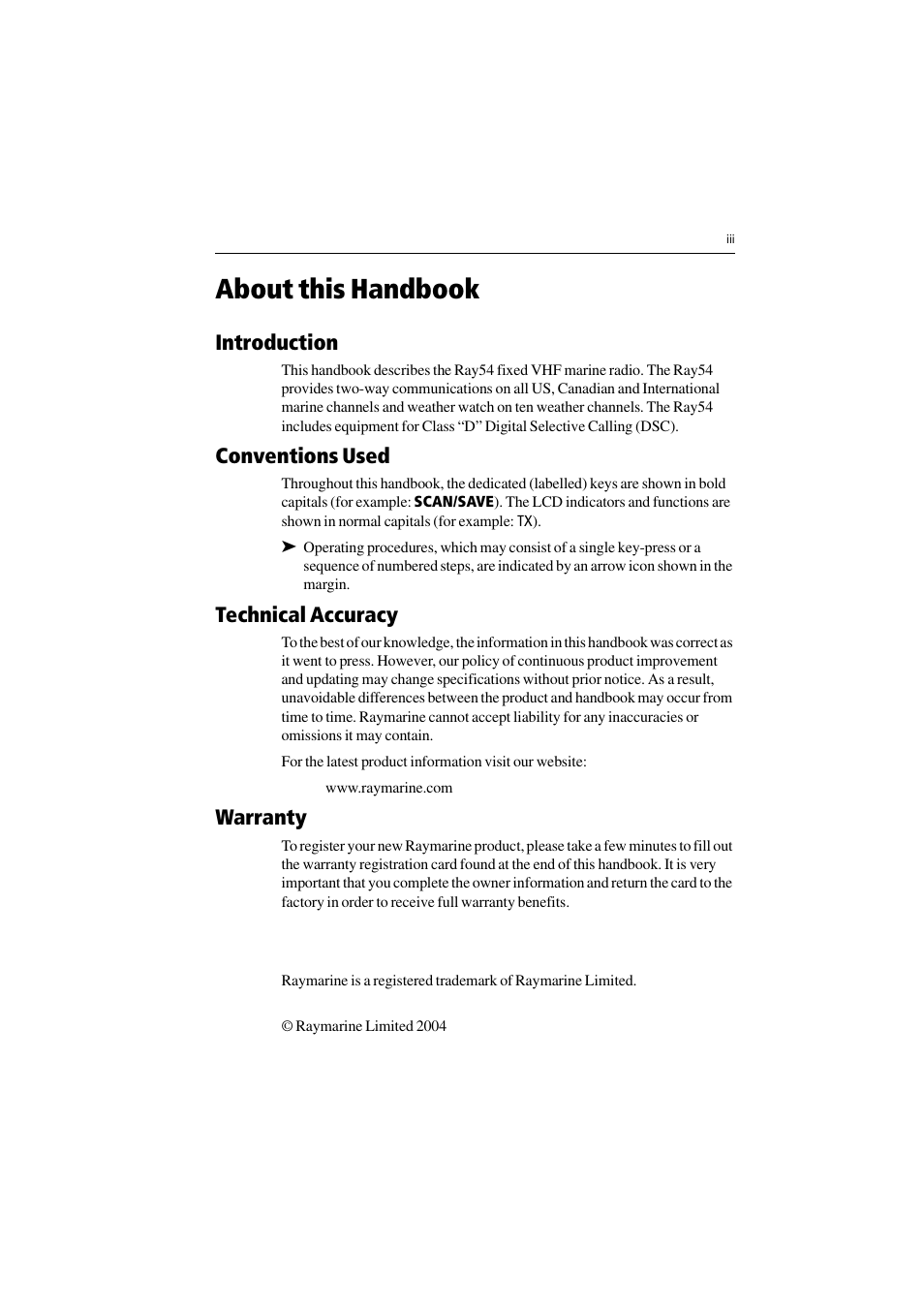 About this handbook, Introduction, Conventions used | Technical accuracy, Warranty | Raymarine Ray54 User Manual | Page 3 / 112