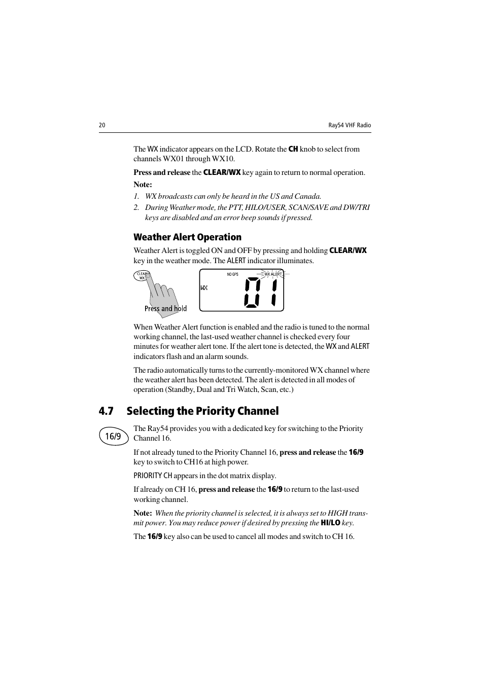 Weather alert operation, 7 selecting the priority channel | Raymarine Ray54 User Manual | Page 30 / 112
