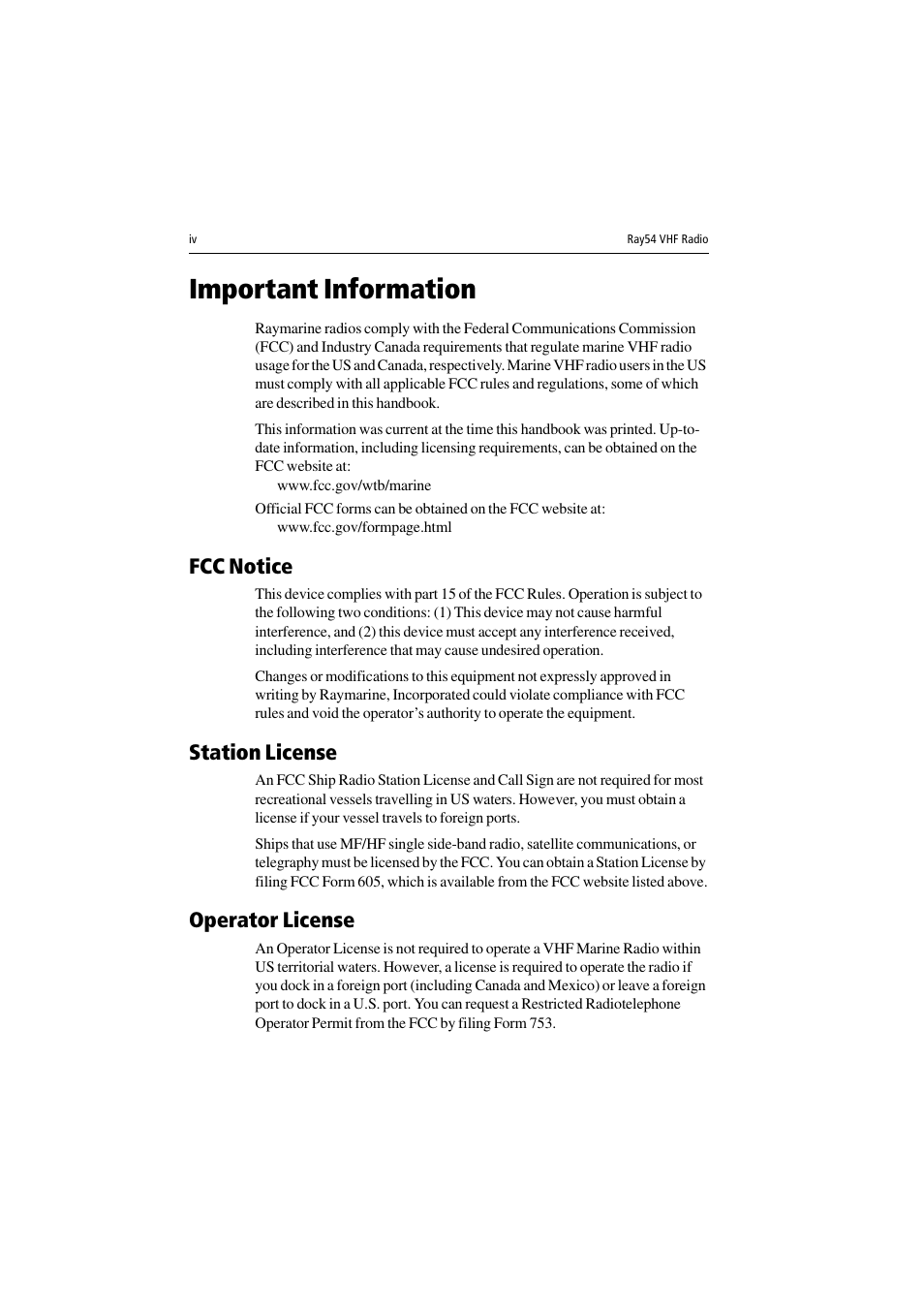 Important information, Fcc notice, Station license | Operator license | Raymarine Ray54 User Manual | Page 4 / 112