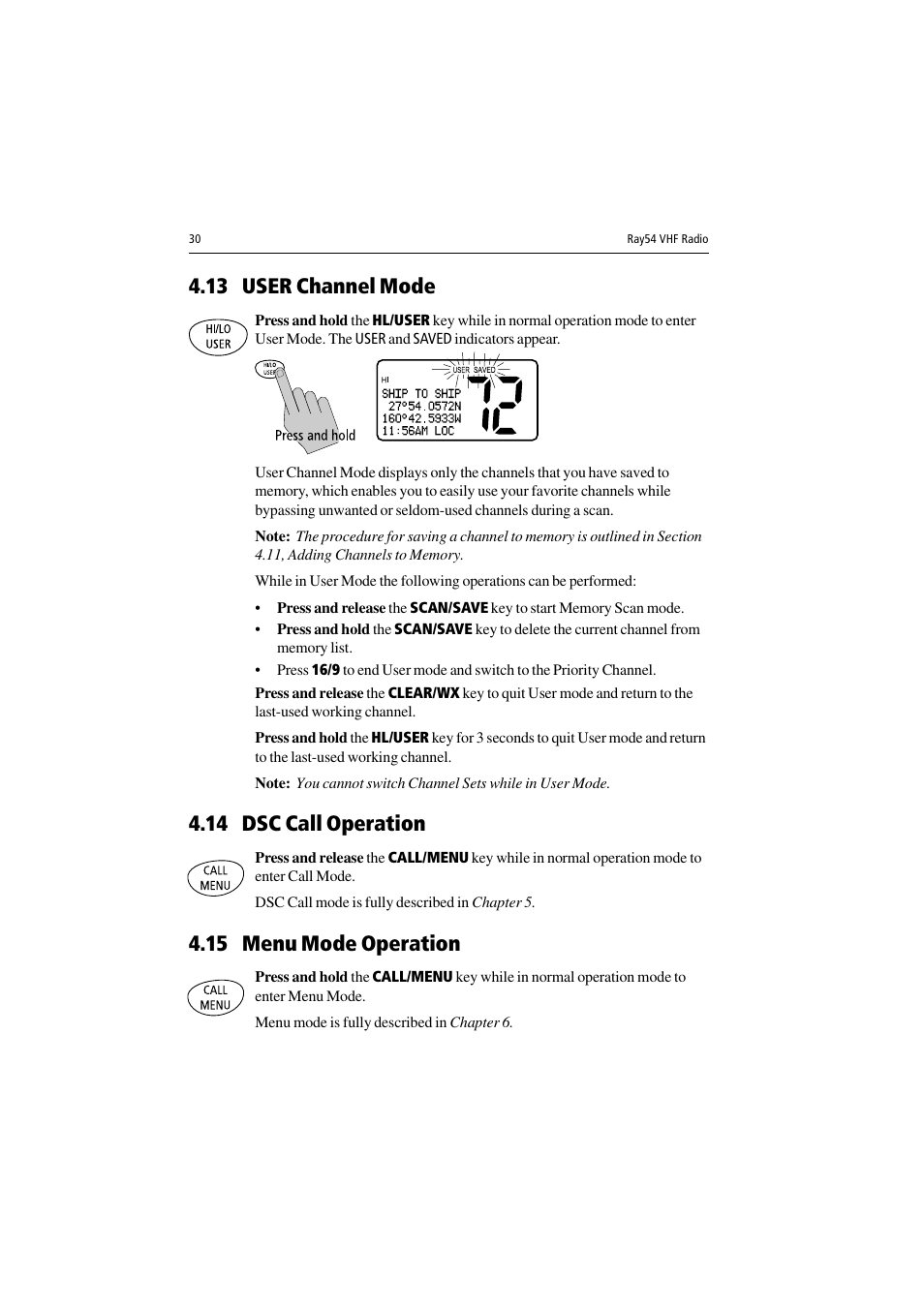 13 user channel mode, 14 dsc call operation, 15 menu mode operation | Raymarine Ray54 User Manual | Page 40 / 112