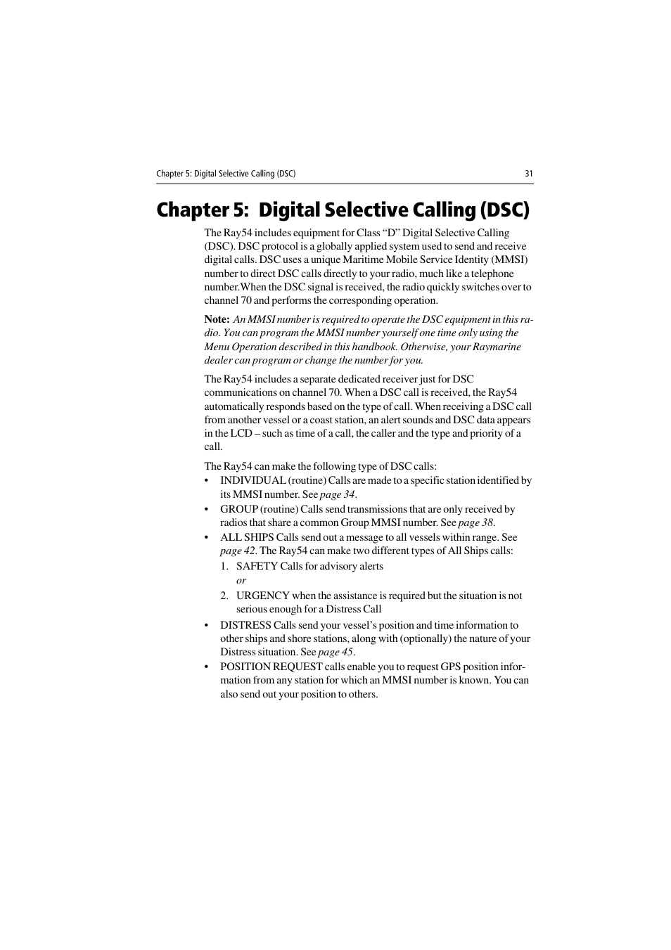 Chapter 5: digital selective calling (dsc), Safety calls for advisory alerts or | Raymarine Ray54 User Manual | Page 41 / 112