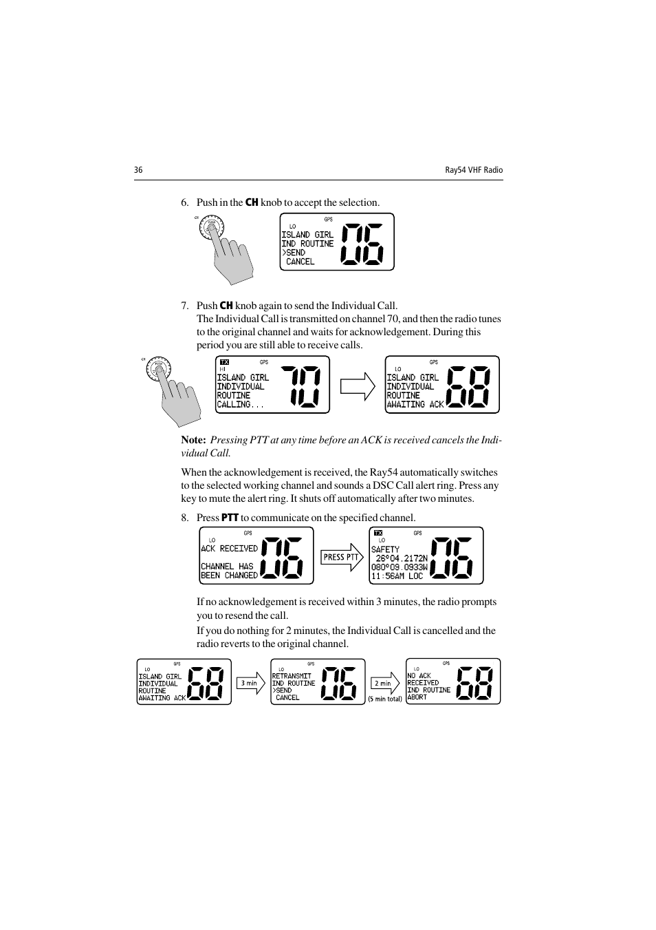 Push in the ch knob to accept the selection, Press ptt to communicate on the specified channel | Raymarine Ray54 User Manual | Page 46 / 112