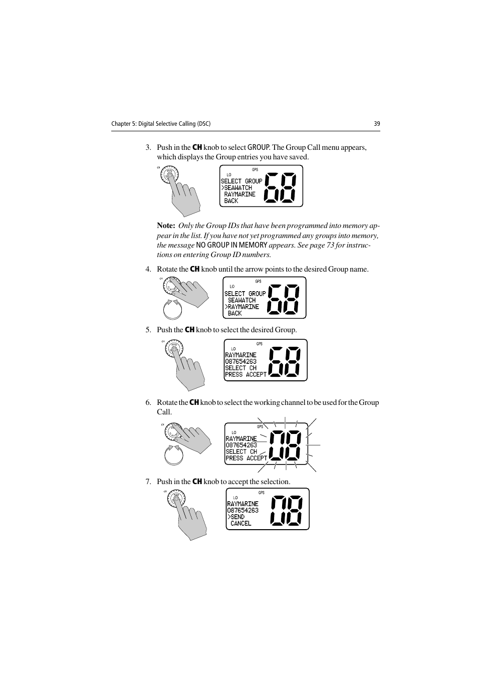 Push the ch knob to select the desired group, Push in the ch knob to accept the selection | Raymarine Ray54 User Manual | Page 49 / 112