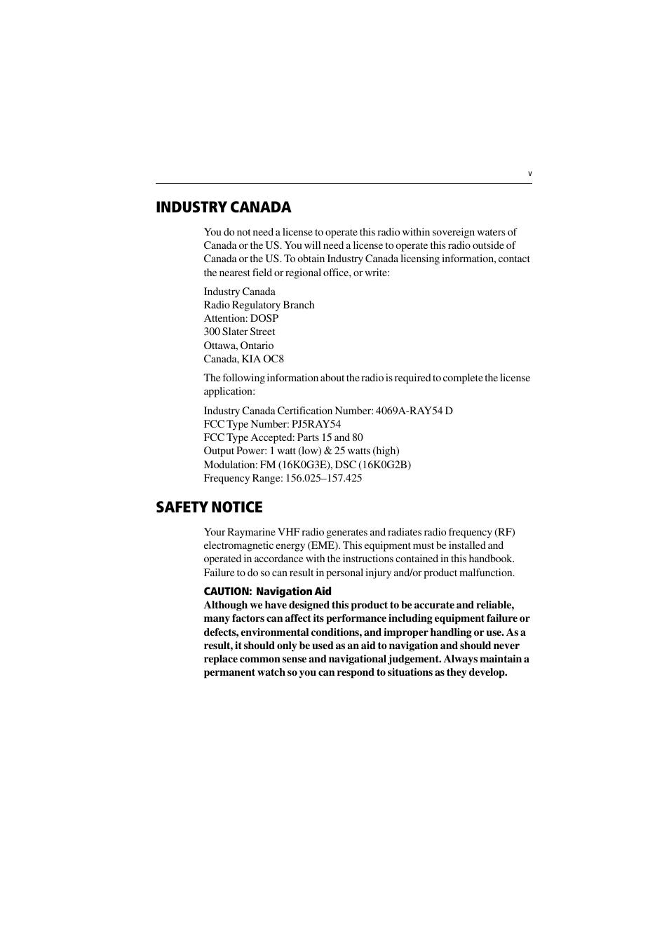 Industry canada, Safety notice, Caution: navigation aid | Raymarine Ray54 User Manual | Page 5 / 112