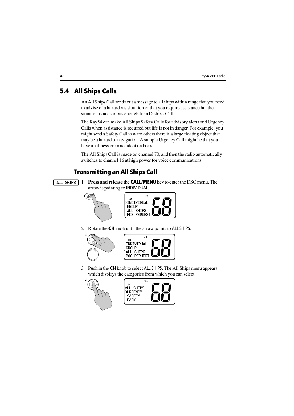 4 all ships calls, Transmitting an all ships call | Raymarine Ray54 User Manual | Page 52 / 112