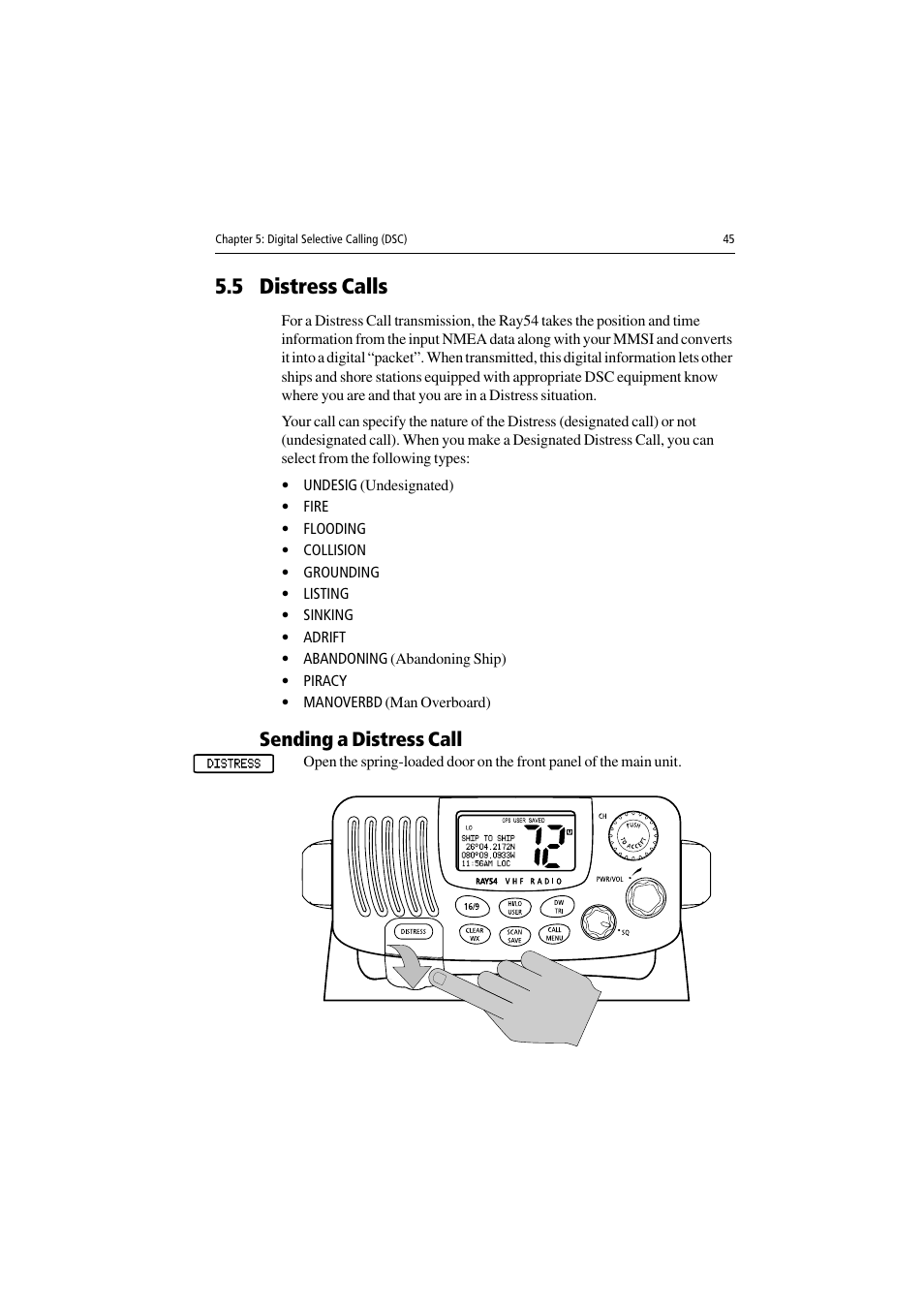 5 distress calls, Sending a distress call | Raymarine Ray54 User Manual | Page 55 / 112