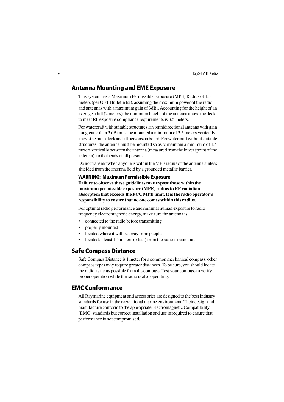 Antenna mounting and eme exposure, Warning: maximum permissible exposure, Safe compass distance | Emc conformance | Raymarine Ray54 User Manual | Page 6 / 112