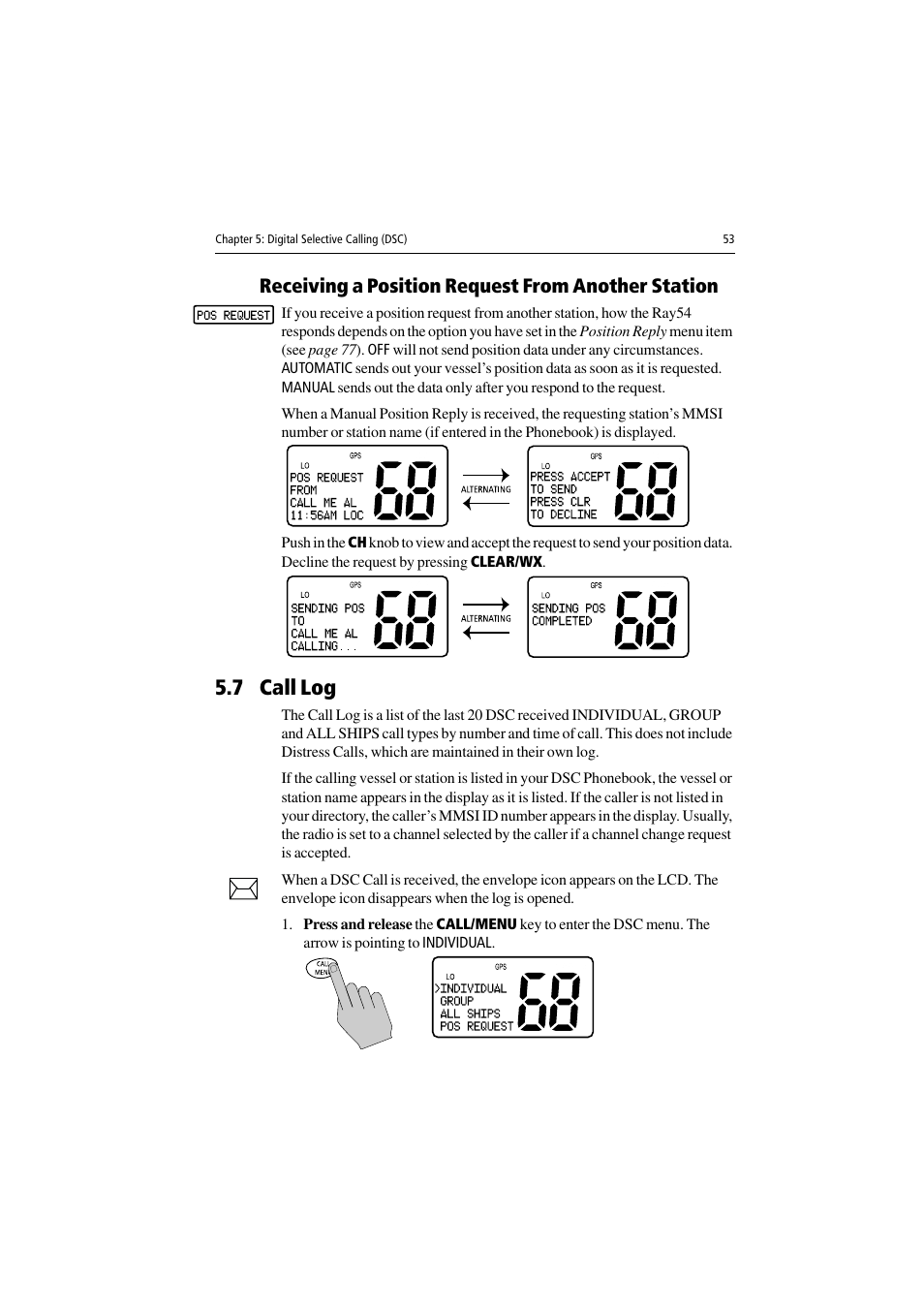 Receiving a position request from another station, 7 call log | Raymarine Ray54 User Manual | Page 63 / 112