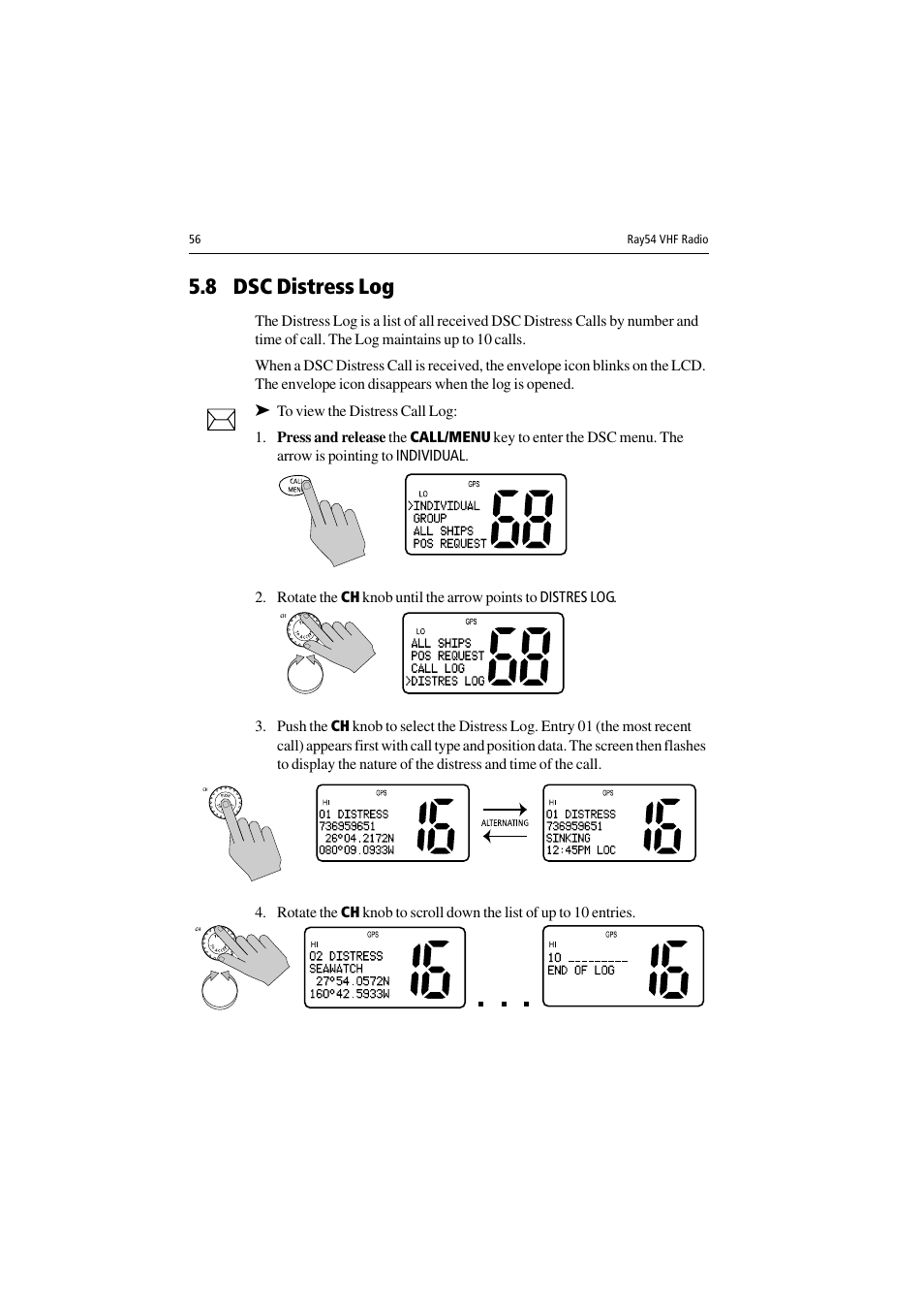 8 dsc distress log, To view the distress call log | Raymarine Ray54 User Manual | Page 66 / 112