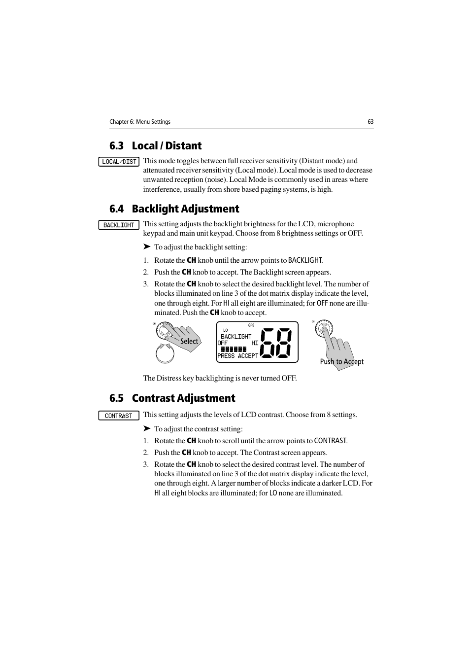 3 local / distant, 4 backlight adjustment, To adjust the backlight setting | 5 contrast adjustment, To adjust the contrast setting | Raymarine Ray54 User Manual | Page 73 / 112