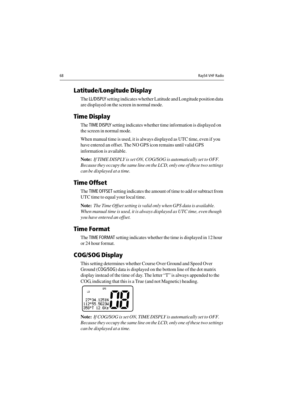 Latitude/longitude display, Time display, Time offset | Time format, Cog/sog display | Raymarine Ray54 User Manual | Page 78 / 112