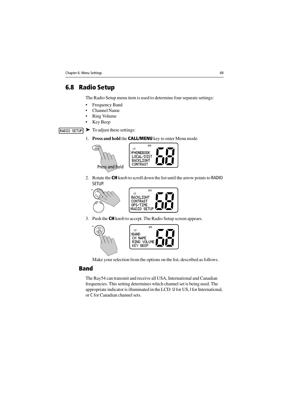 8 radio setup, To adjust these settings, Band | Raymarine Ray54 User Manual | Page 79 / 112