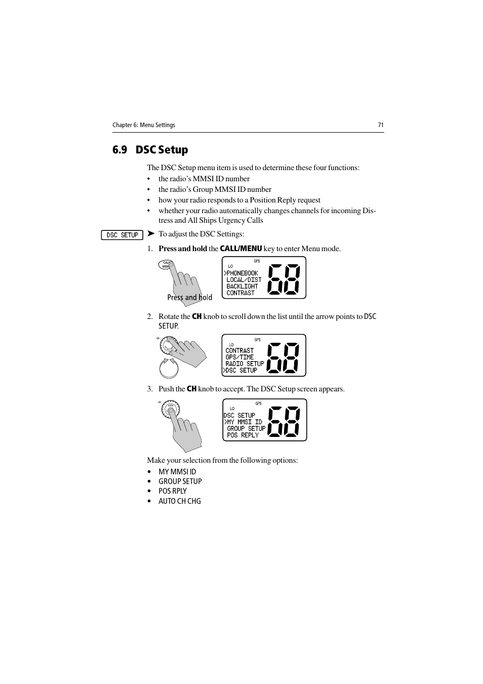 9 dsc setup, To adjust the dsc settings | Raymarine Ray54 User Manual | Page 81 / 112