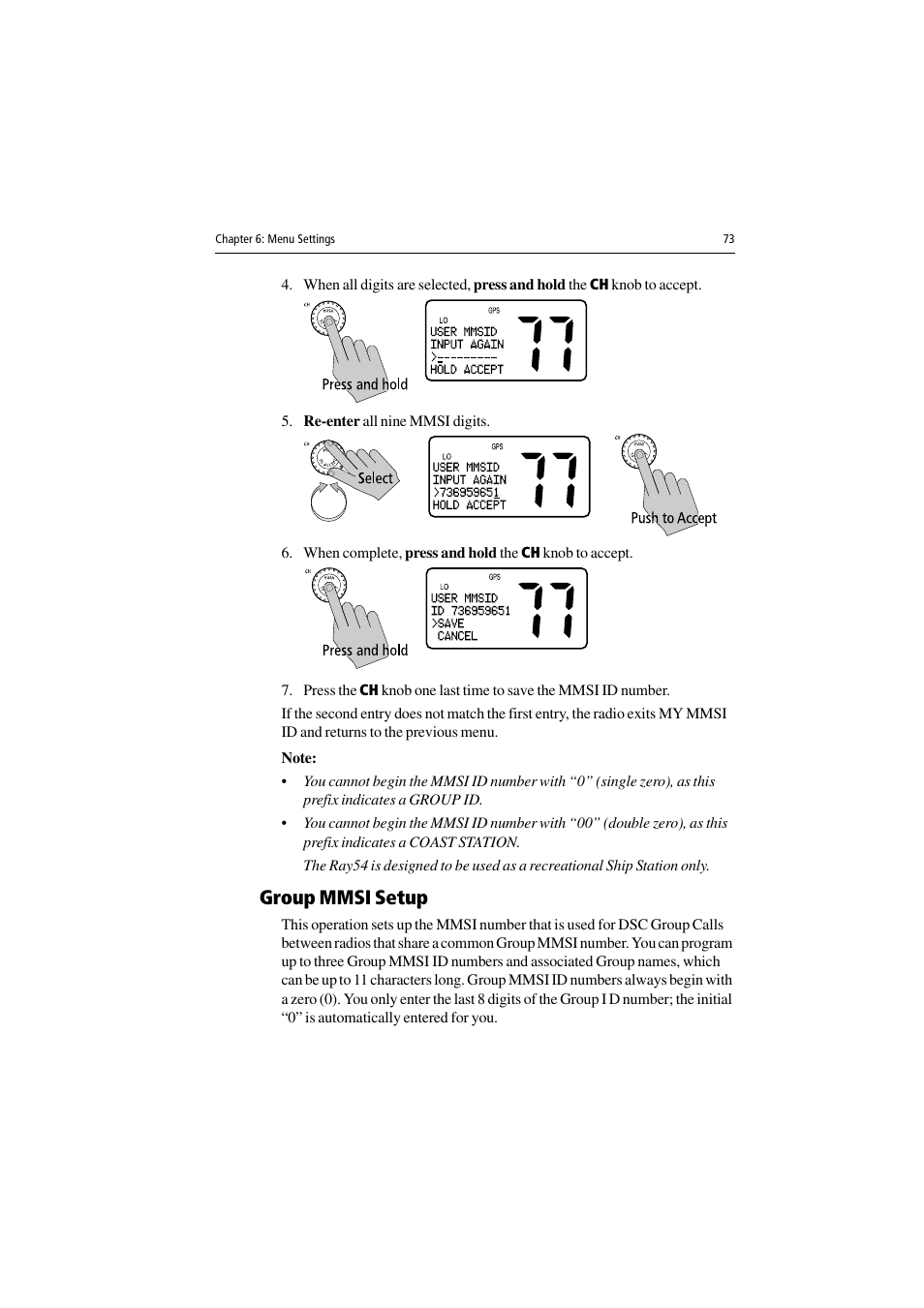 Re-enter all nine mmsi digits, Group mmsi setup | Raymarine Ray54 User Manual | Page 83 / 112