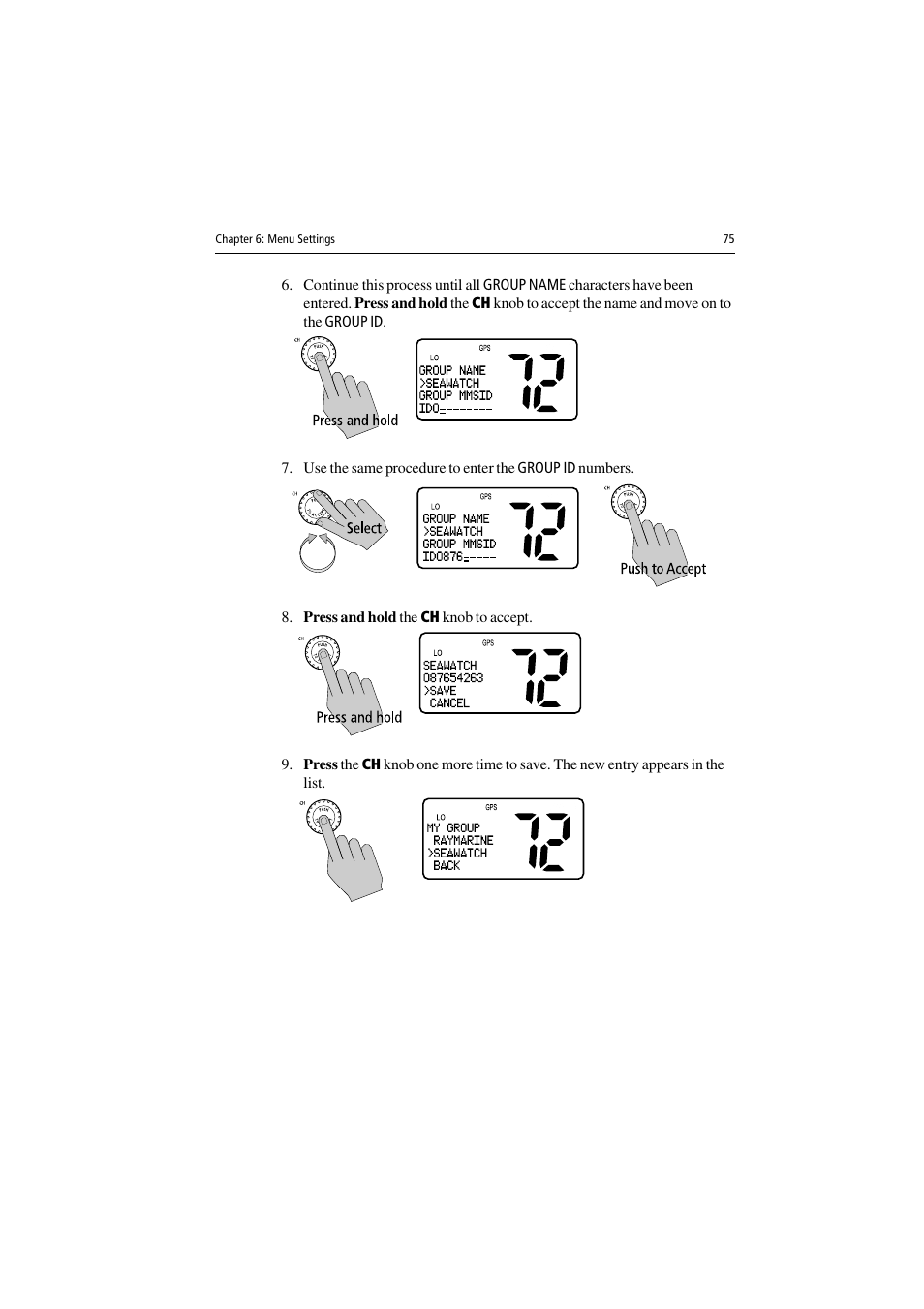 Press and hold the ch knob to accept | Raymarine Ray54 User Manual | Page 85 / 112