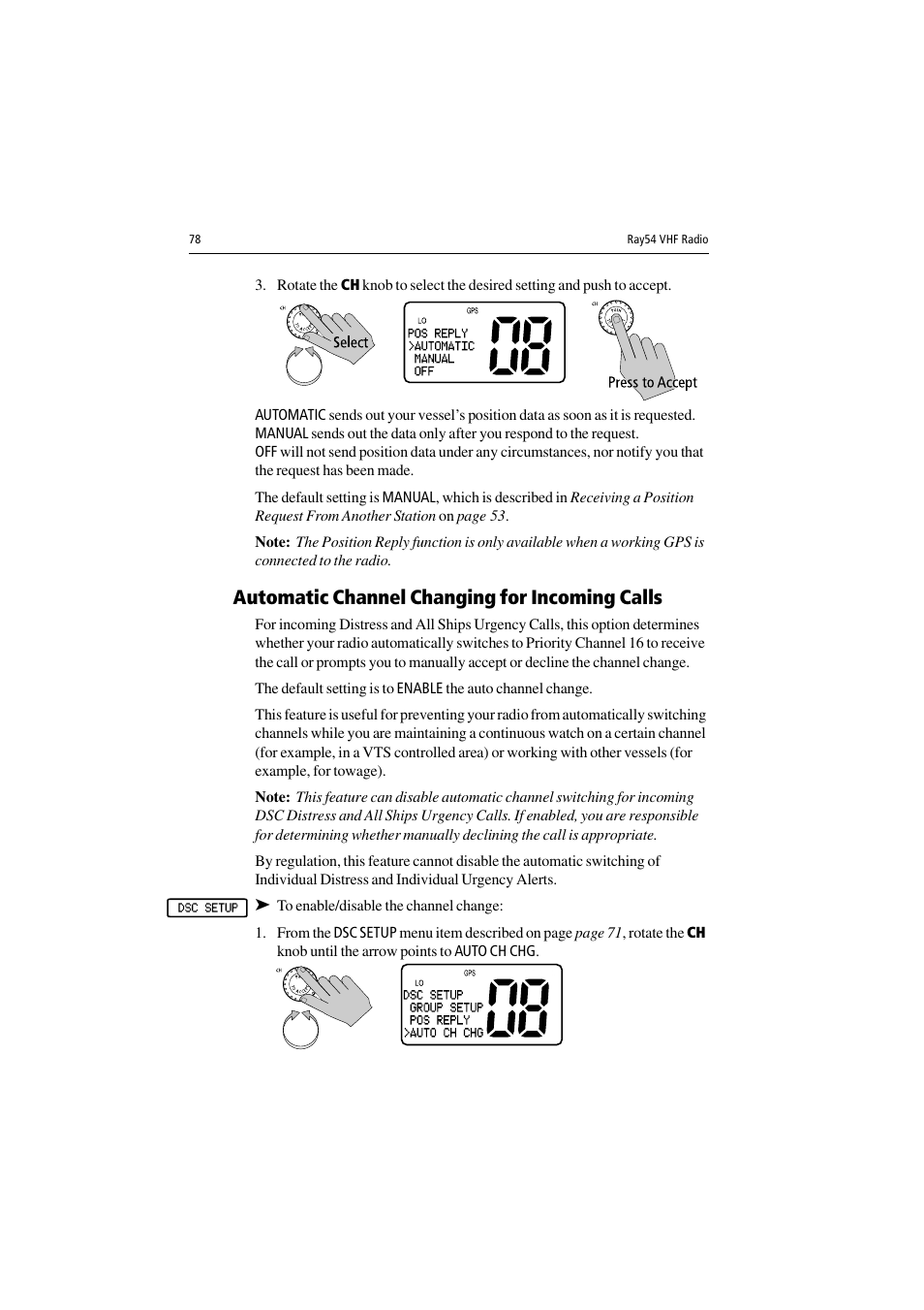 Automatic channel changing for incoming calls, To enable/disable the channel change | Raymarine Ray54 User Manual | Page 88 / 112