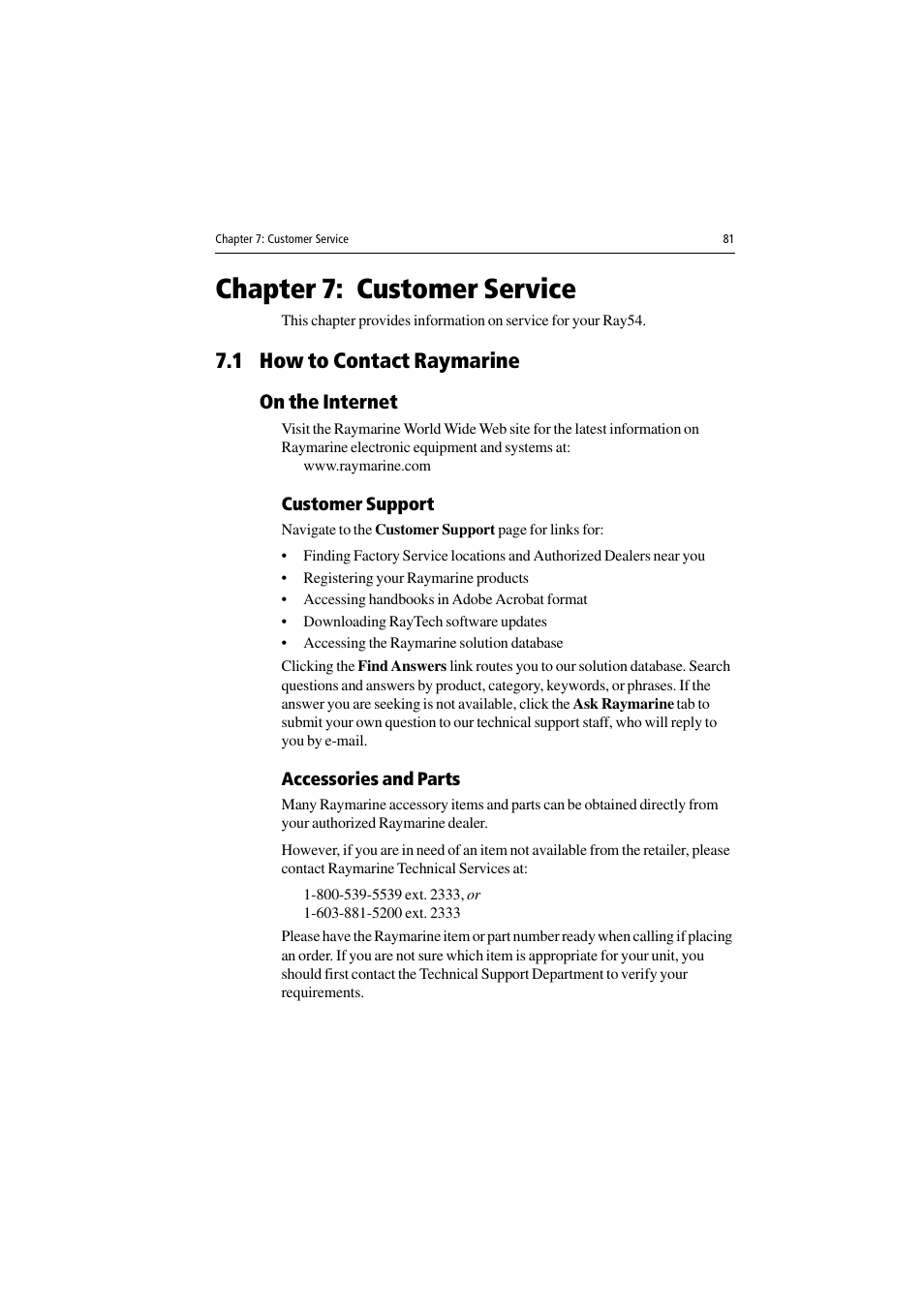 Chapter 7: customer service, 1 how to contact raymarine, On the internet | Customer support, Accessories and parts | Raymarine Ray54 User Manual | Page 91 / 112