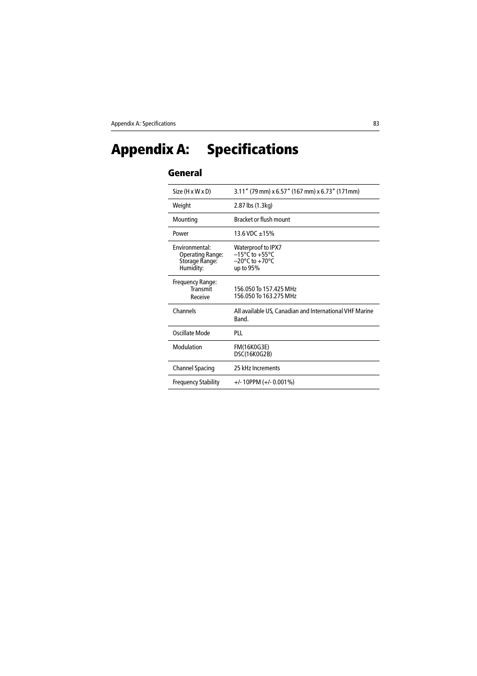 Appendix a: specifications, General | Raymarine Ray54 User Manual | Page 93 / 112