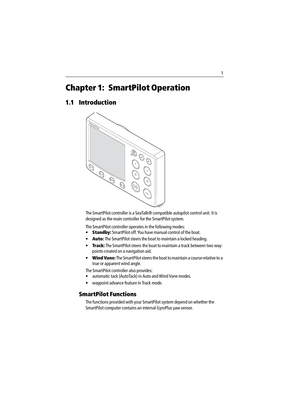 Chapter 1: smartpilot operation, 1 introduction, Smartpilot functions | Raymarine ST7002 User Manual | Page 11 / 52