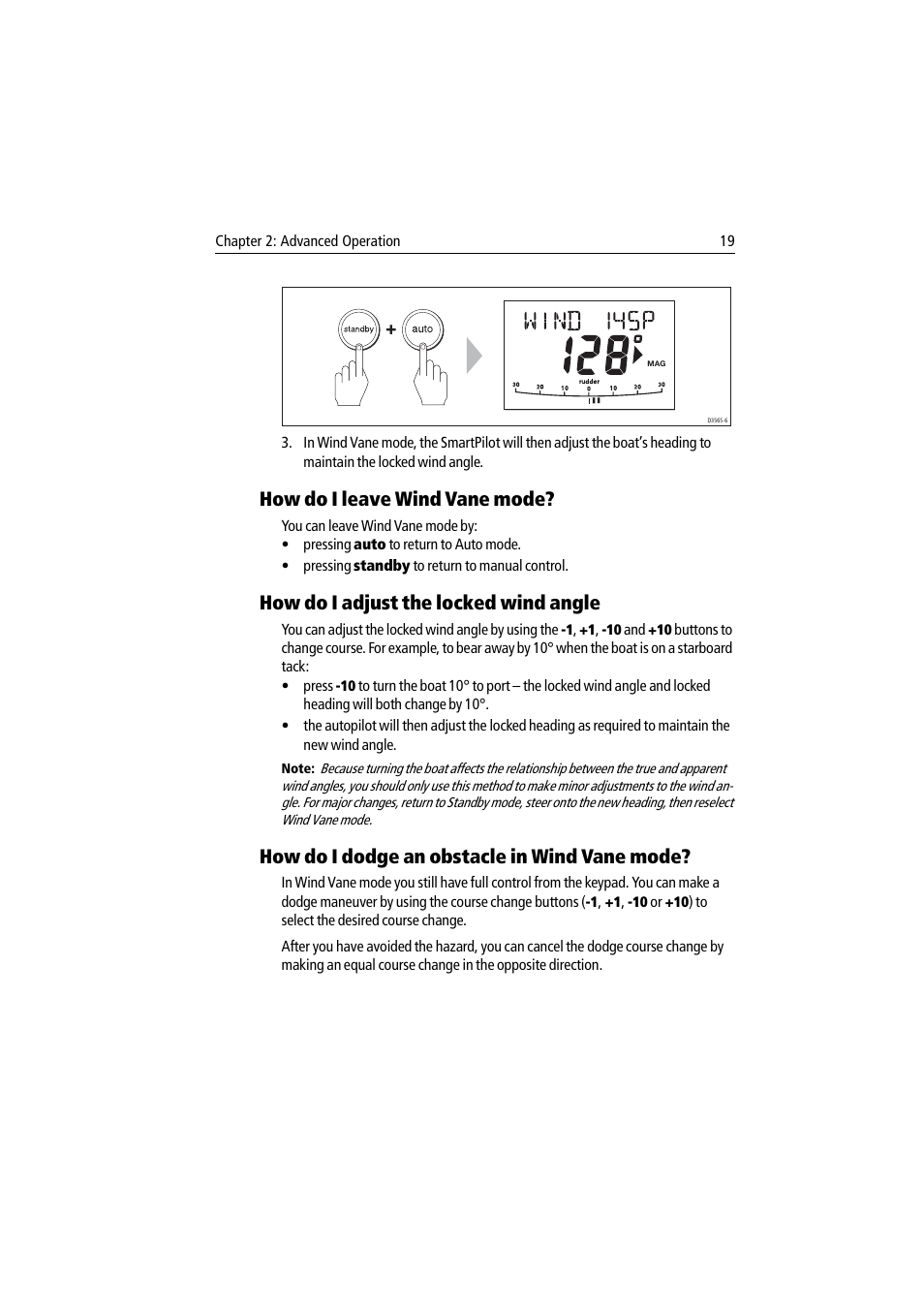 How do i leave wind vane mode, How do i dodge an obstacle in wind vane mode, How do i adjust the locked wind angle | Raymarine ST7002 User Manual | Page 29 / 52