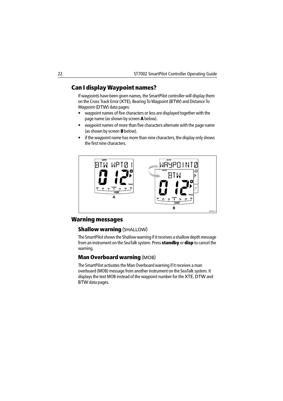 Can i display waypoint names, Warning messages, Shallow warning (shallow) | Man overboard warning (mob), Can i display waypoint names? warning messages, Shallow warning, Man overboard warning | Raymarine ST7002 User Manual | Page 32 / 52