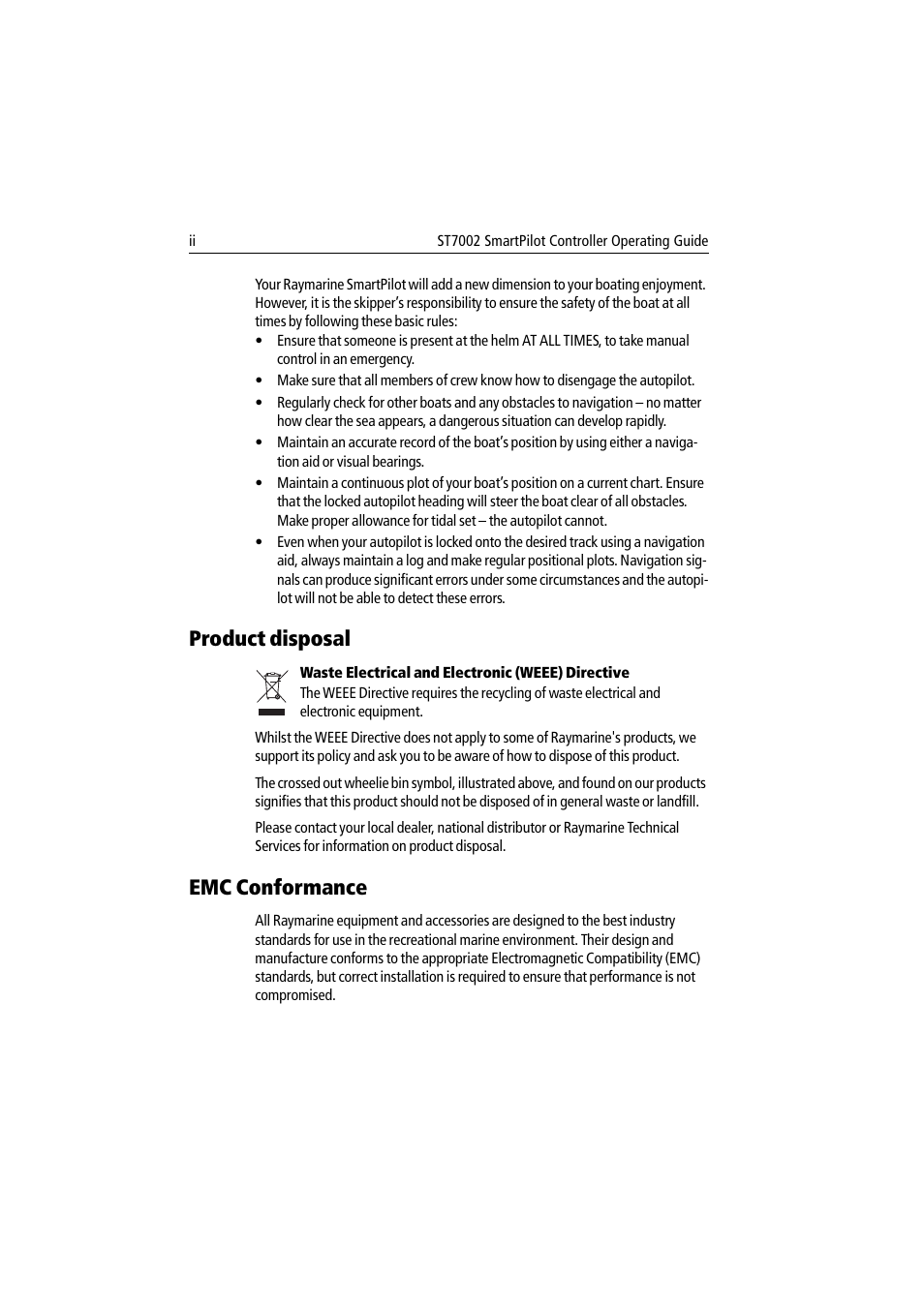 Product disposal, Waste electrical and electronic (weee) directive, Emc conformance | Raymarine ST7002 User Manual | Page 4 / 52