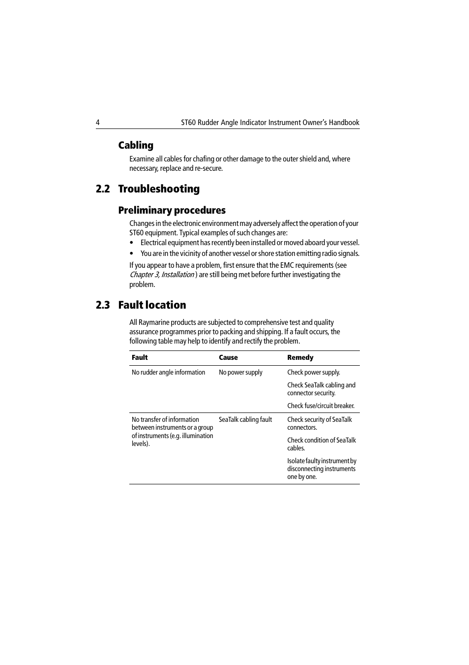 Cabling, 2 troubleshooting, Preliminary procedures | 3 fault location | Raymarine ST60 User Manual | Page 14 / 38