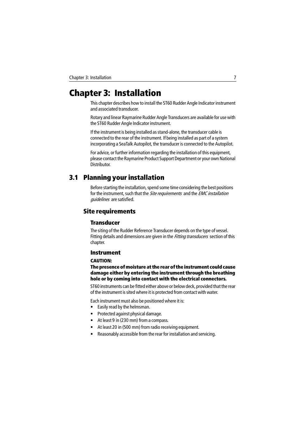 Chapter 3: installation, 1 planning your installation, Site requirements | Transducer, Instrument | Raymarine ST60 User Manual | Page 17 / 38