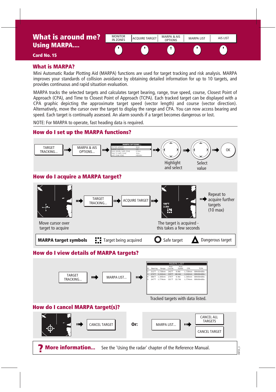 What is around me, Using marpa, More information | How do i view details of marpa targets, How do i cancel marpa target(s), How do i acquire a marpa target, How do i set up the marpa functions, What is marpa, Tracked targets with data listed, Highlight and select | Raymarine GPS Kit User Manual | Page 16 / 24