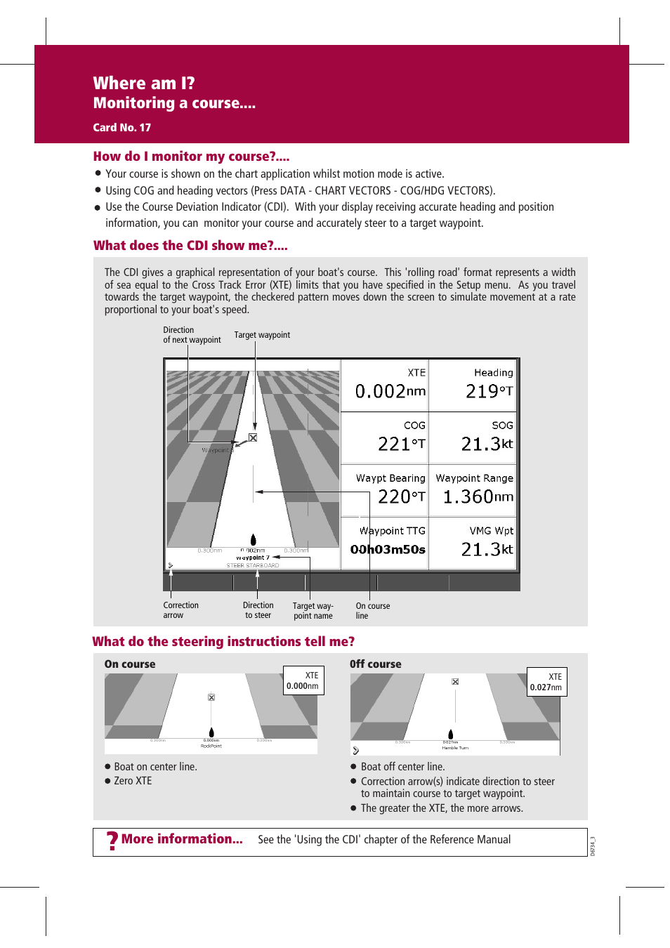 Where am i, Monitoring a course, More information | What do the steering instructions tell me, How do i monitor my course, What does the cdi show me | Raymarine GPS Kit User Manual | Page 18 / 24