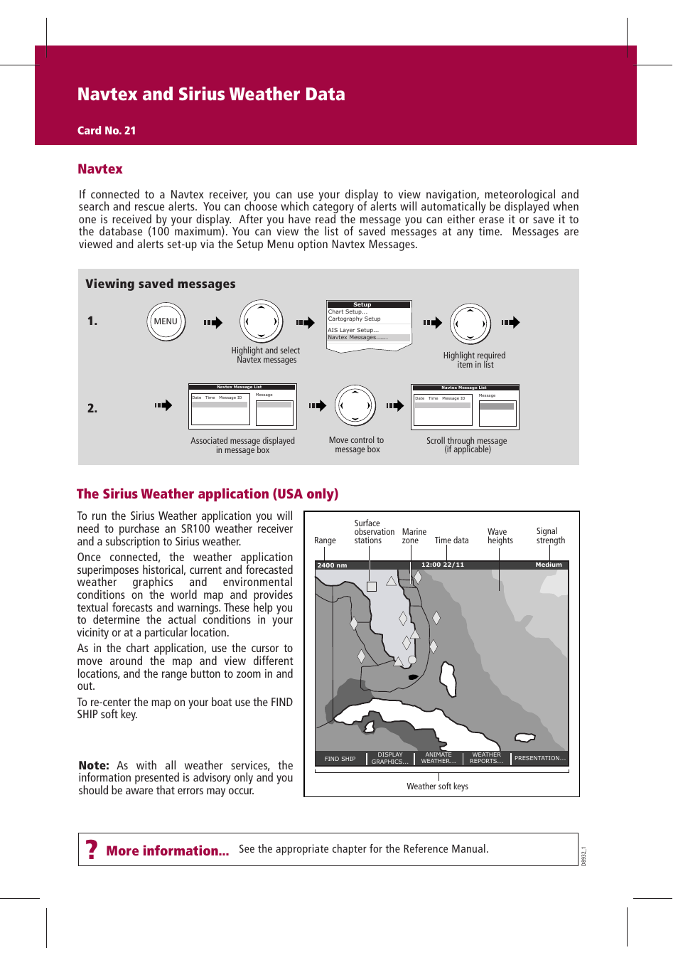 Navtex and sirius weather data, More information, Navtex | The sirius weather application (usa only), Viewing saved messages | Raymarine GPS Kit User Manual | Page 22 / 24